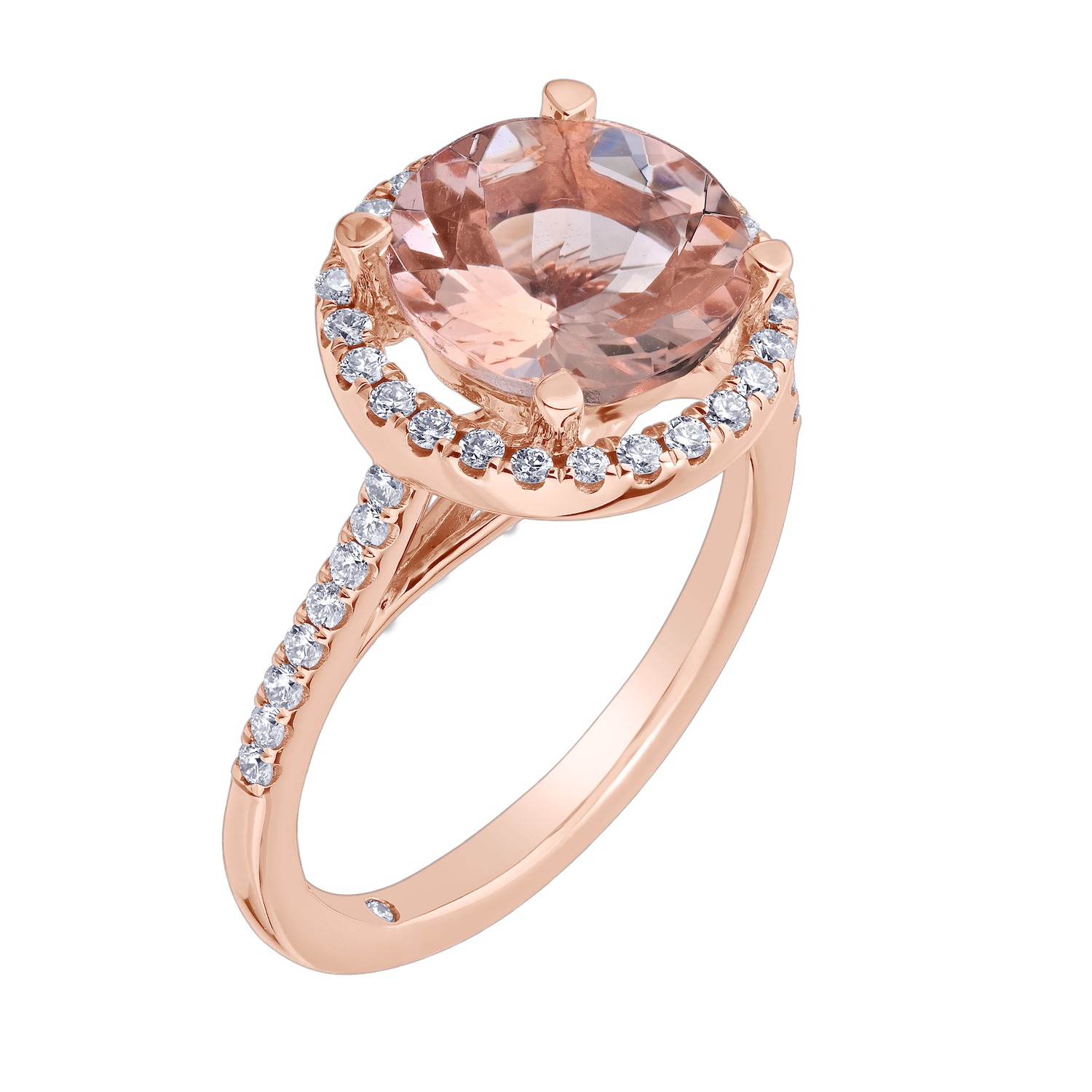 Peach Blossom&trade; Rose Gold Round Halo with Pave Shoulders Ring Diamond 3.73 Ctw