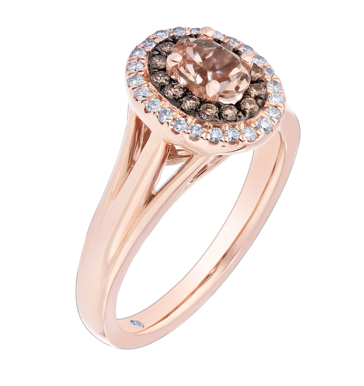 Peach Blossom&trade; Rose Gold Oval Cognac & White Double Halo with Plain Shank Ring Diamond 0.84 Ctw