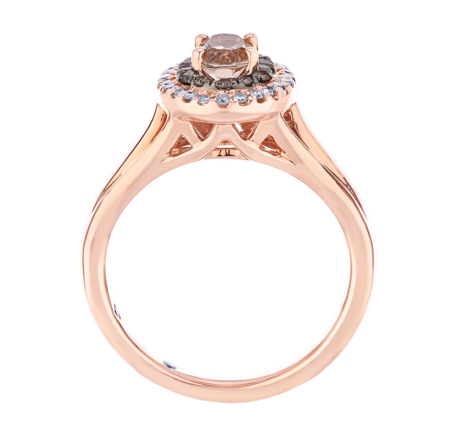 Peach Blossom&trade; Rose Gold Oval Cognac & White Double Halo with Plain Shank Ring Diamond 0.84 Ctw
