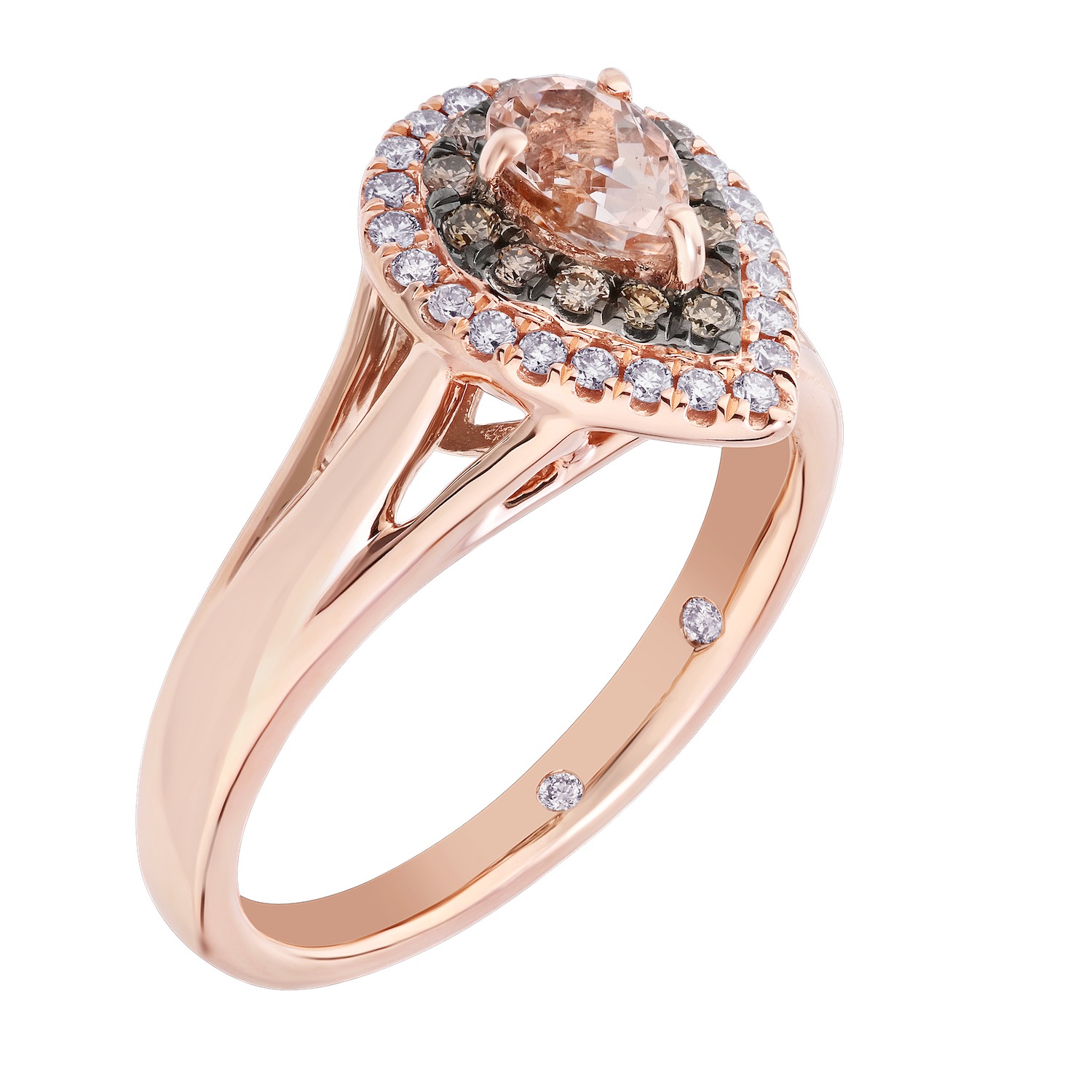 Peach Blossom&trade; 14k Pear Shape Center Cognac & White Double Halo Split Shank Ring Diamond 0.94 Ctw