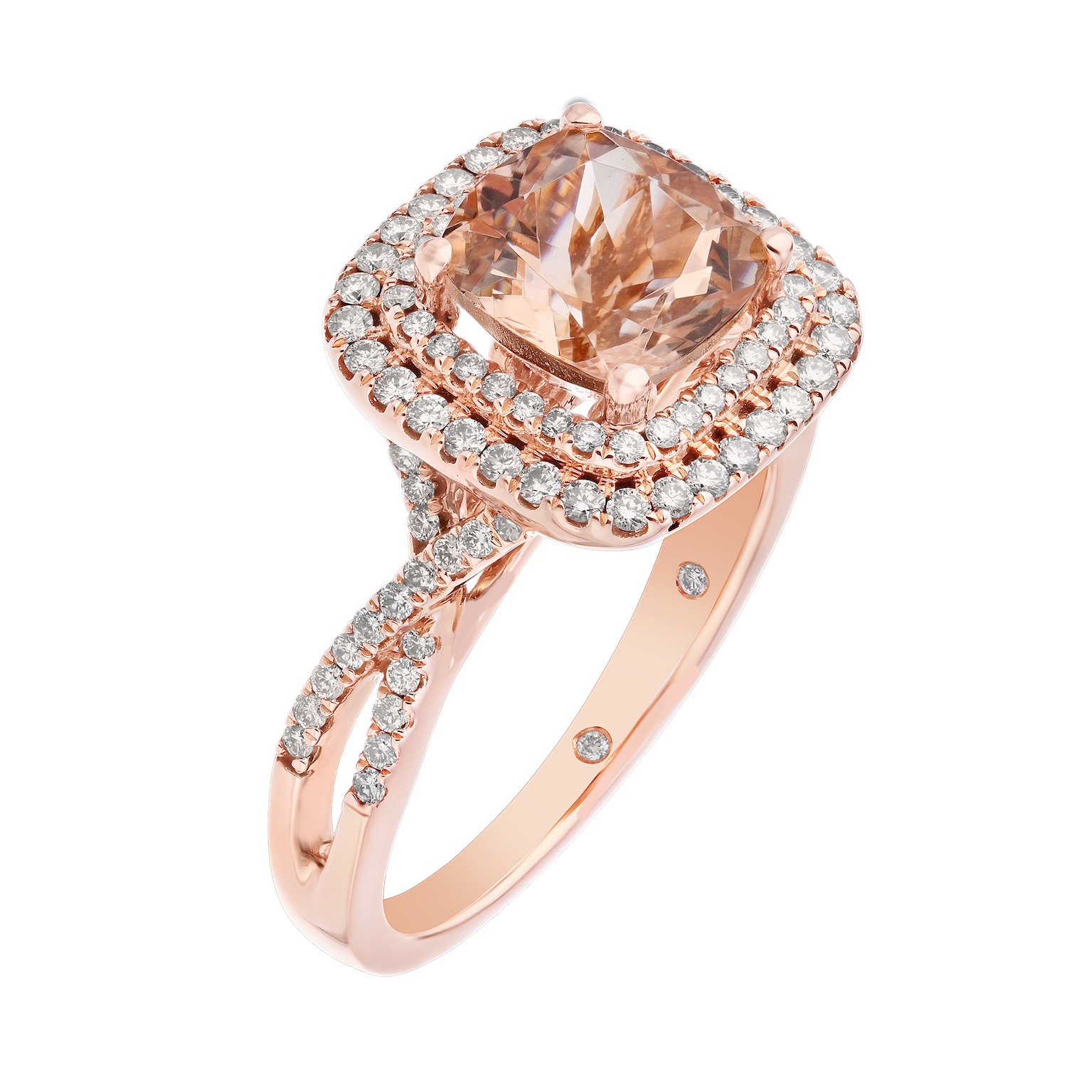 Peach Blossom&trade; Rose Gold Cushion Double Halo with Crossover Shoulders Ring Diamond 2.90 Ctw