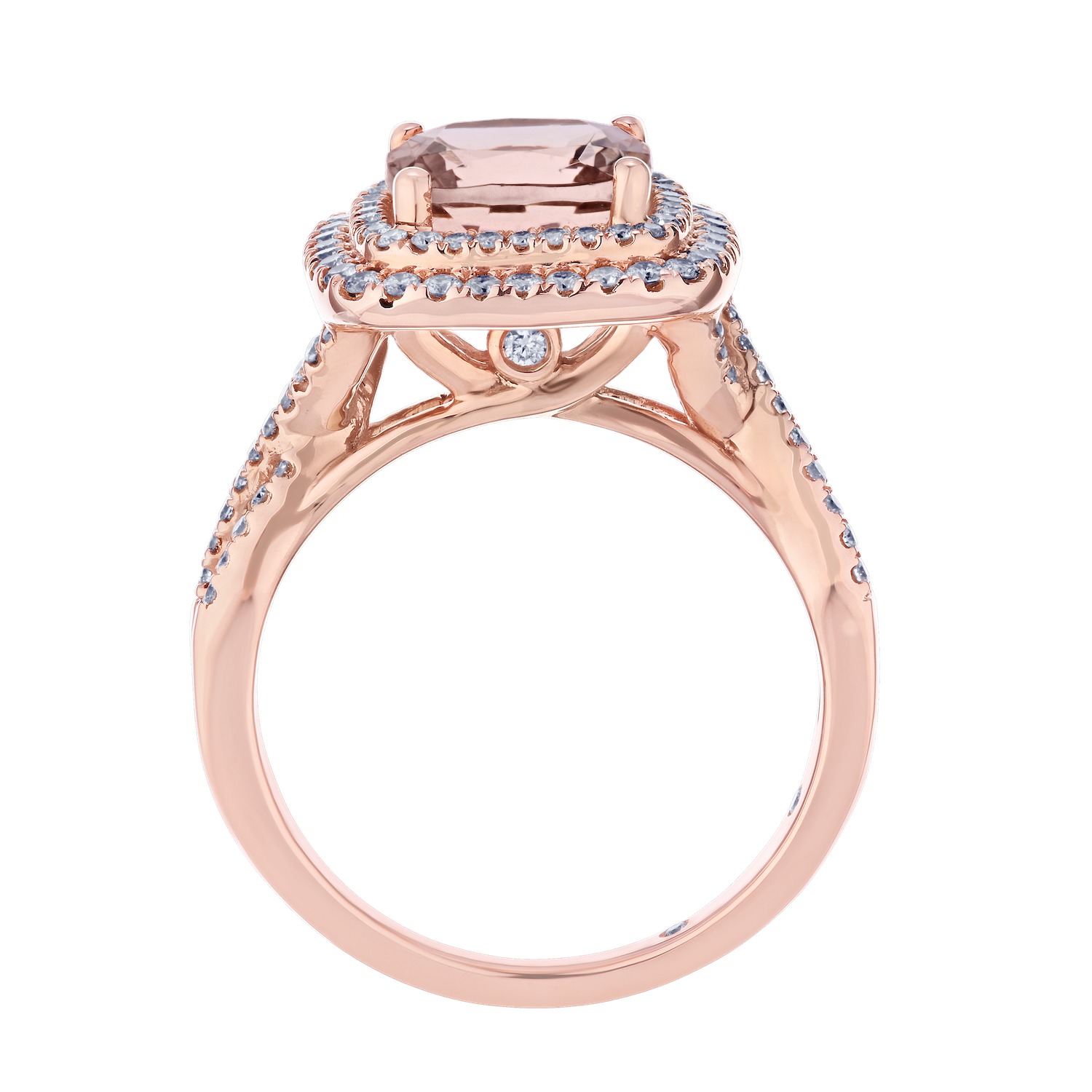 Peach Blossom&trade; Rose Gold Cushion Double Halo with Crossover Shoulders Ring Diamond 2.90 Ctw