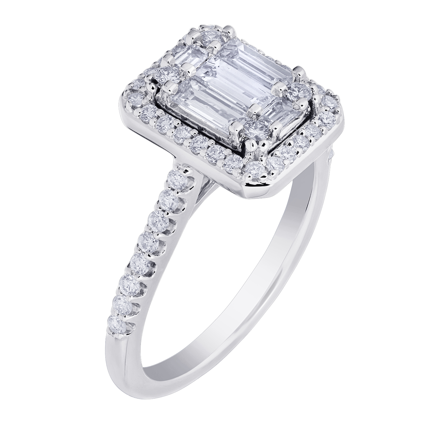 Multiplicity&trade; 14k Emerald Shape Center with Halo Shared Prong Set Shoulders 1.00 Ctw Diamond