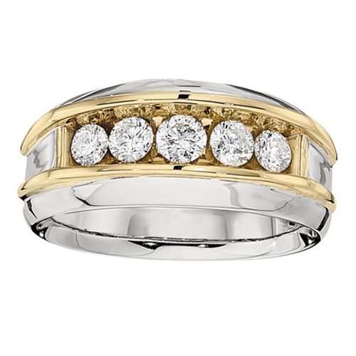 Shefian&trade; 14K Two Tone Ring Men's Channel Set 5 Stone with Rails Diamond 0.75 Ctw