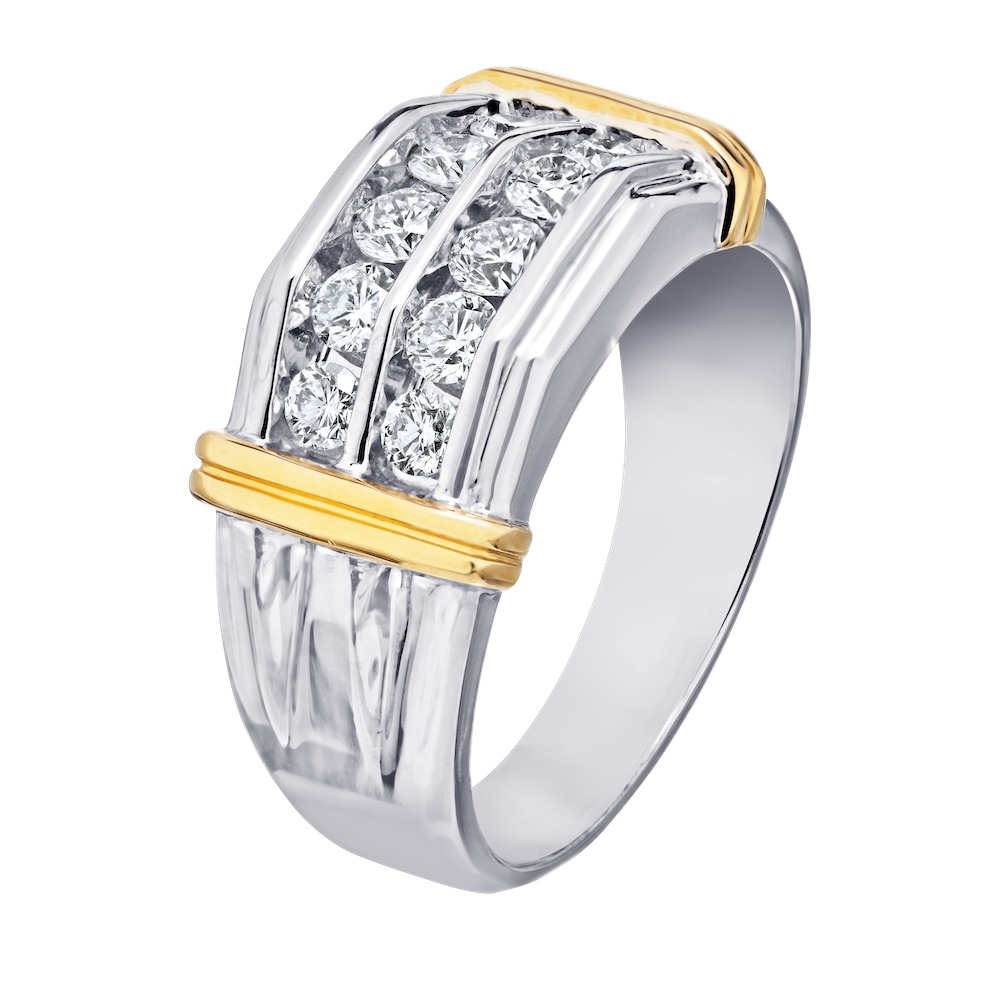 Shefian&trade; 14K Two Tone Ring Men's Double Row Channel Set with Shoulder Tabs Diamond 1.00 Ctw