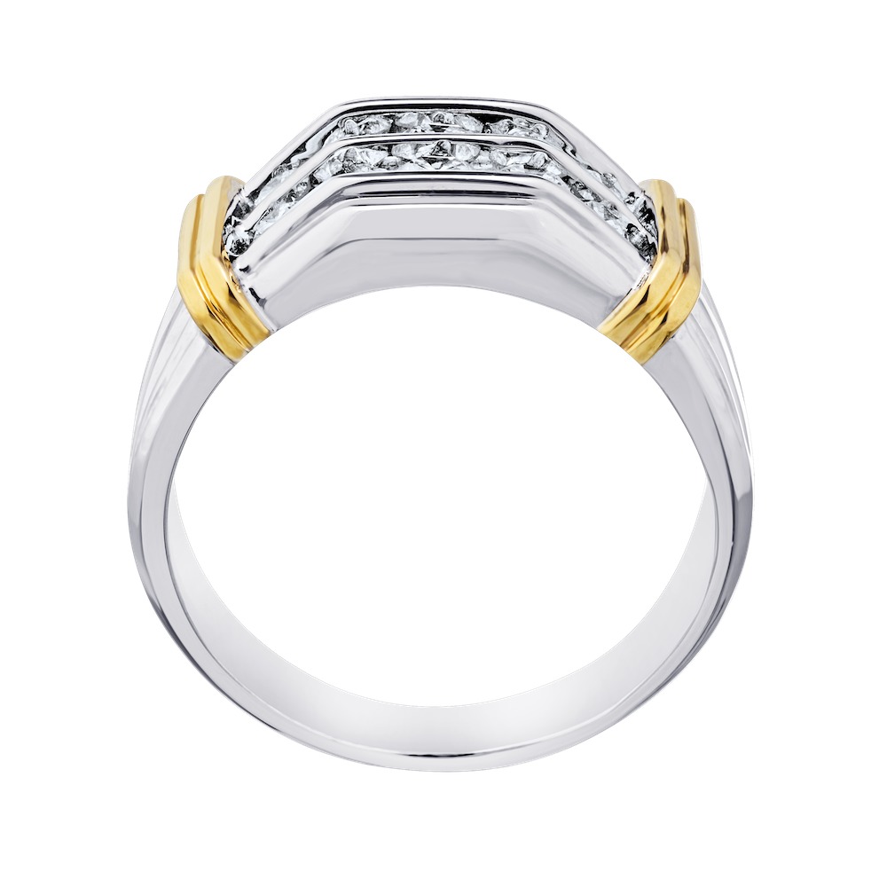 Shefian&trade; 14K Two Tone Ring Men's Double Row Channel Set with Shoulder Tabs Diamond 1.00 Ctw