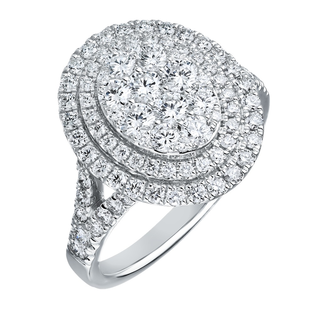 Eternal Fire&trade; 14kw White Gold Oval Cluster Center Double Halo Split Shank Diamond 1.50 Ctw