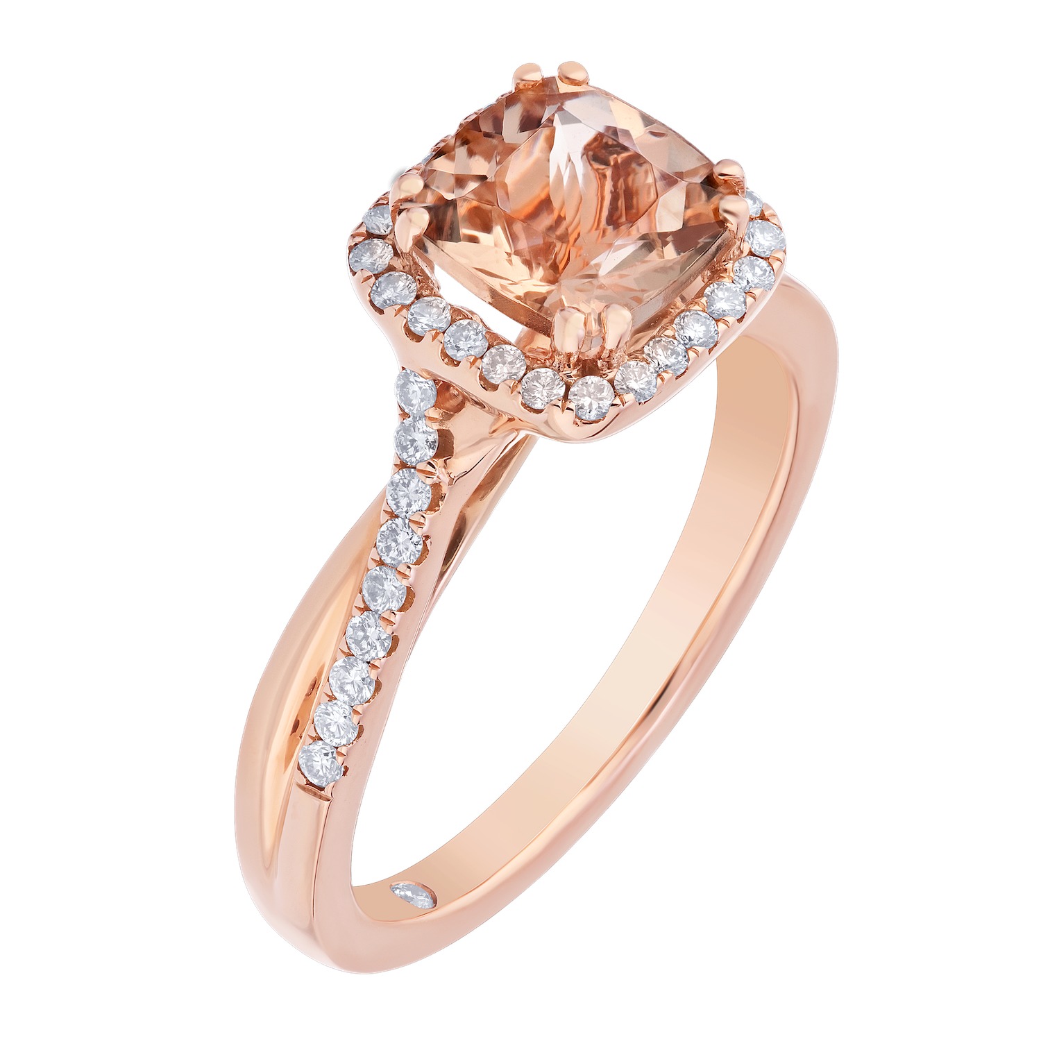 Peach Blossom&trade; Rose Gold Cushion Halo with Crossover Shoulders Ring Diamond 1.37 Ctw