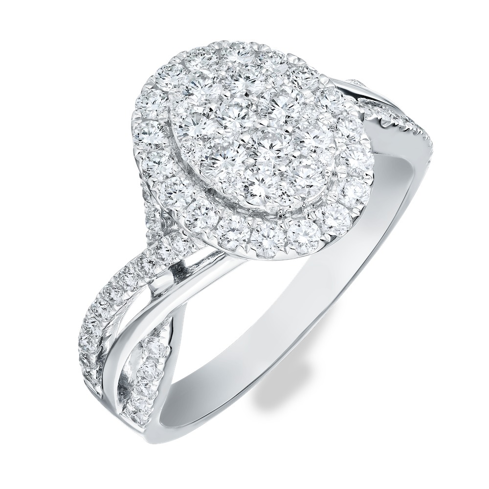 Eternal Fire&trade; 14kw White Gold Oval Shape Cluster Center Halo Crossover Shoulders Diamond 1.00 Ctw