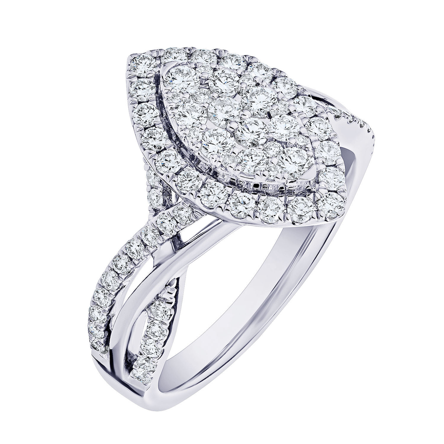 Eternal Fire&trade; 14kw White Gold Marquise Shape Cluster Center Halo Crossover Shoulders Diamond 1.00 Ctw