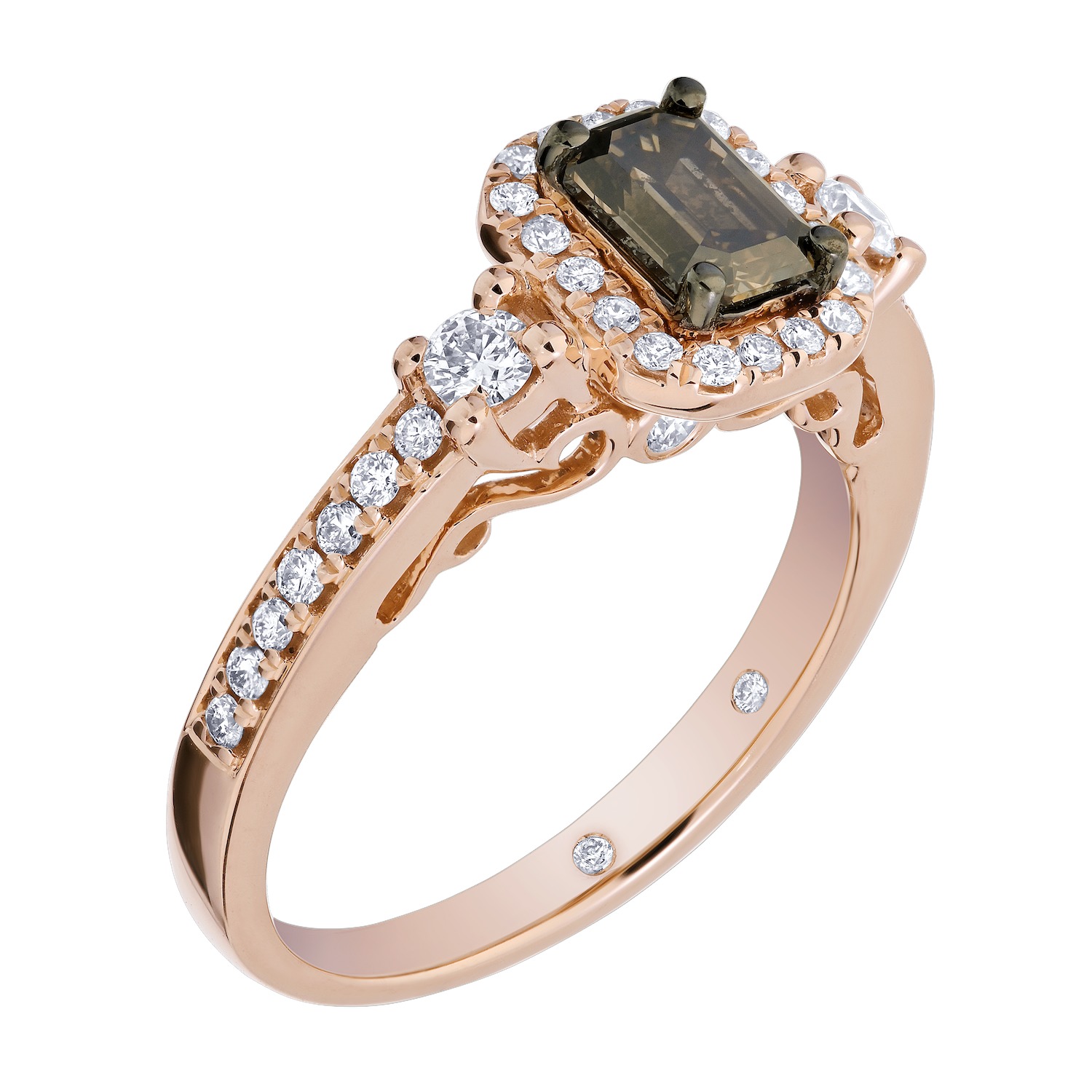 Cinnamon Dulce&trade; 14K Rose Gold Emerald Cognac Center Prong Set Side Stones Milgrain Shoulders Diamond & Cognac 1.15 Ctw