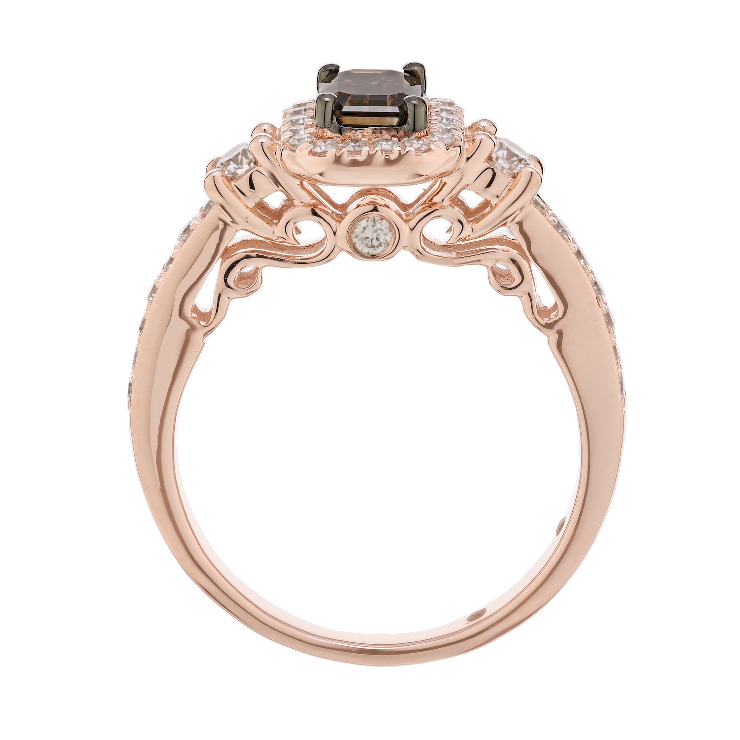 Cinnamon Dulce&trade; 14K Rose Gold Emerald Cognac Center Prong Set Side Stones Milgrain Shoulders Diamond & Cognac 1.15 Ctw