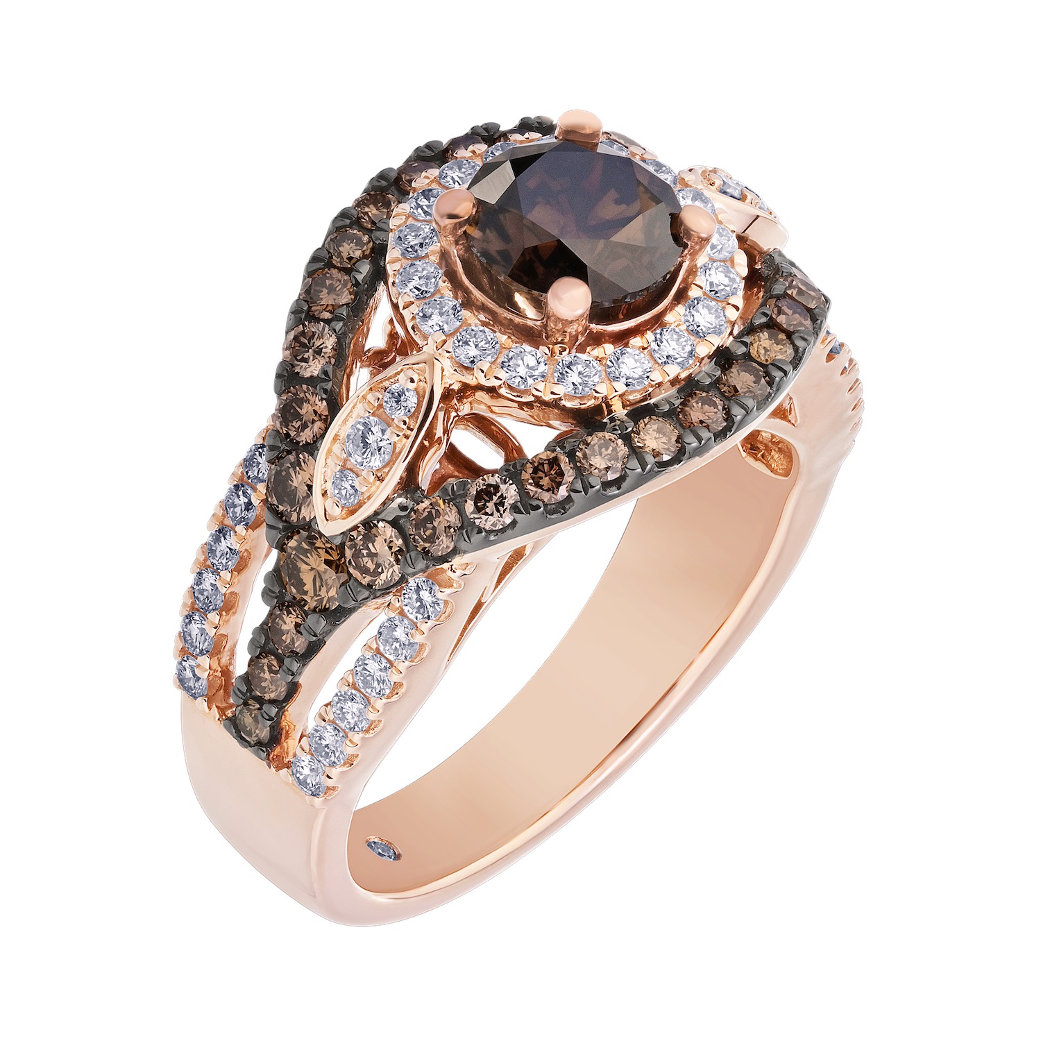 Cinnamon Dulce&trade; 14k Round Cognac Center White Halo Cognac Double Halo Diamond & Cognac 2.08 Ctw