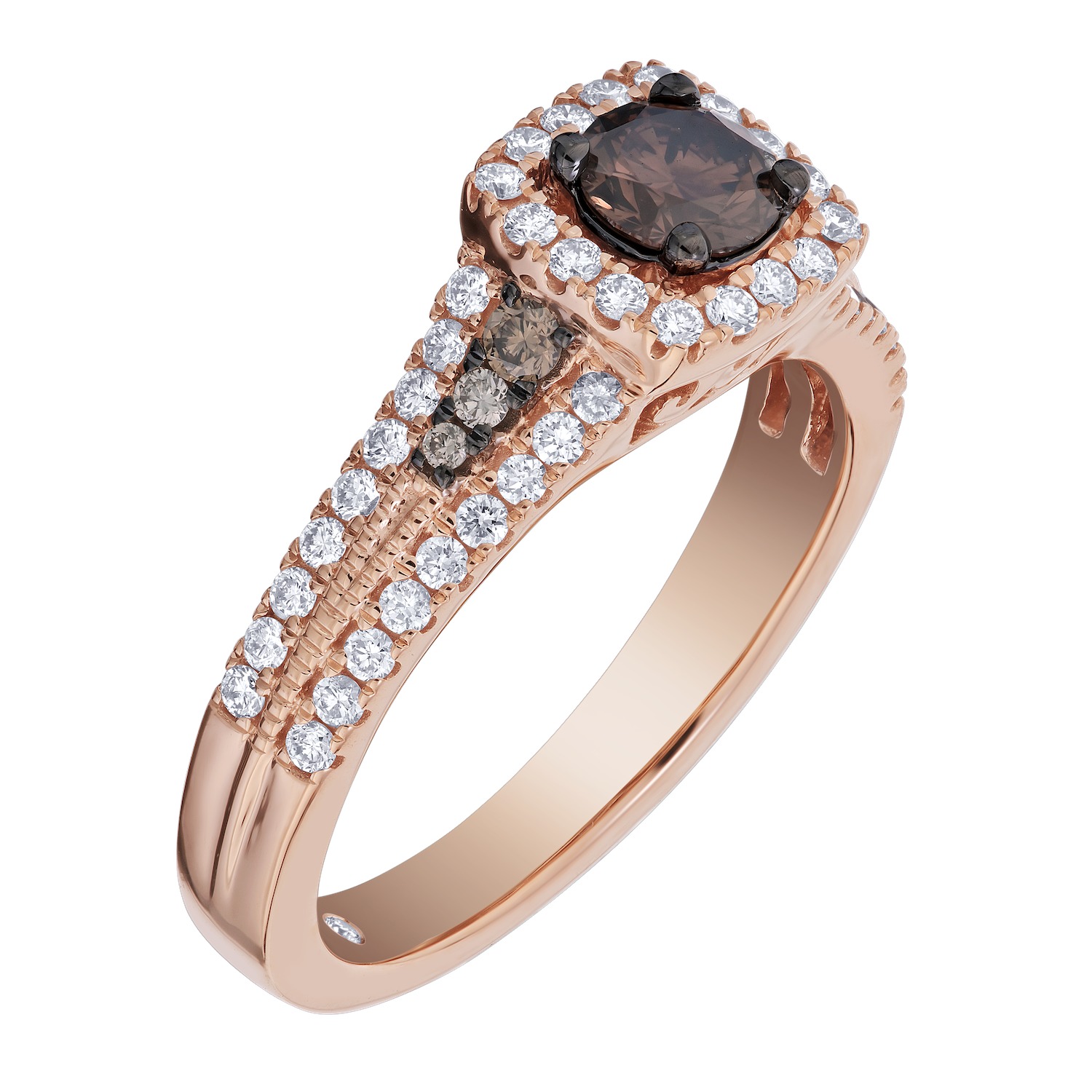 Ring: 14Kr 1.00 Ctw Cushion Brown Diamond 3/8 Ctw Center Halo 5/8 Ctw Diamond Prong Set Split Shank 60 Rd