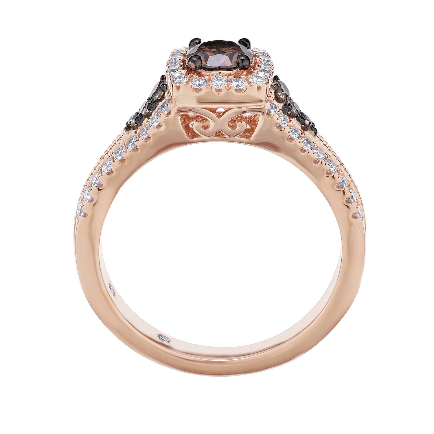 Ring: 14Kr 1.00 Ctw Cushion Brown Diamond 3/8 Ctw Center Halo 5/8 Ctw Diamond Prong Set Split Shank 60 Rd