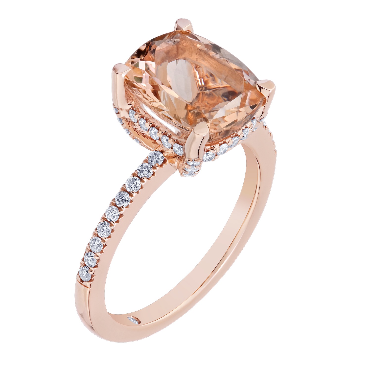 Peach Blossom&trade; Rose Gold Elongated Cushion 4 Prongs with Pave Shoulders Ring Diamond 3.91 Ctw