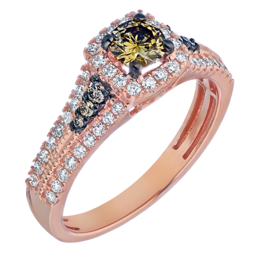 Cinnamon Dulce&trade; 14K Rose Gold Round Cognac Center White Halo Split Shank Diamond & Cognac 0.85 Ctw