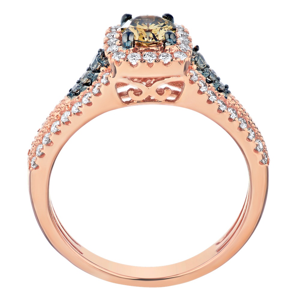 Cinnamon Dulce&trade; 14K Rose Gold Round Cognac Center White Halo Split Shank Diamond & Cognac 0.85 Ctw