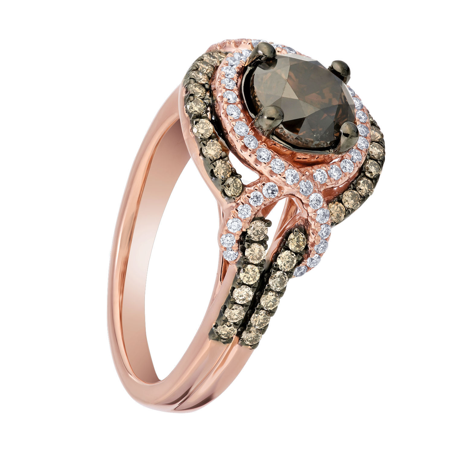 Cinnamon Dulce&trade; 14k Round Cognac Center Cognac & White Double Halo Crossover Shoulders Diamond & Cognac 2.022 Ctw