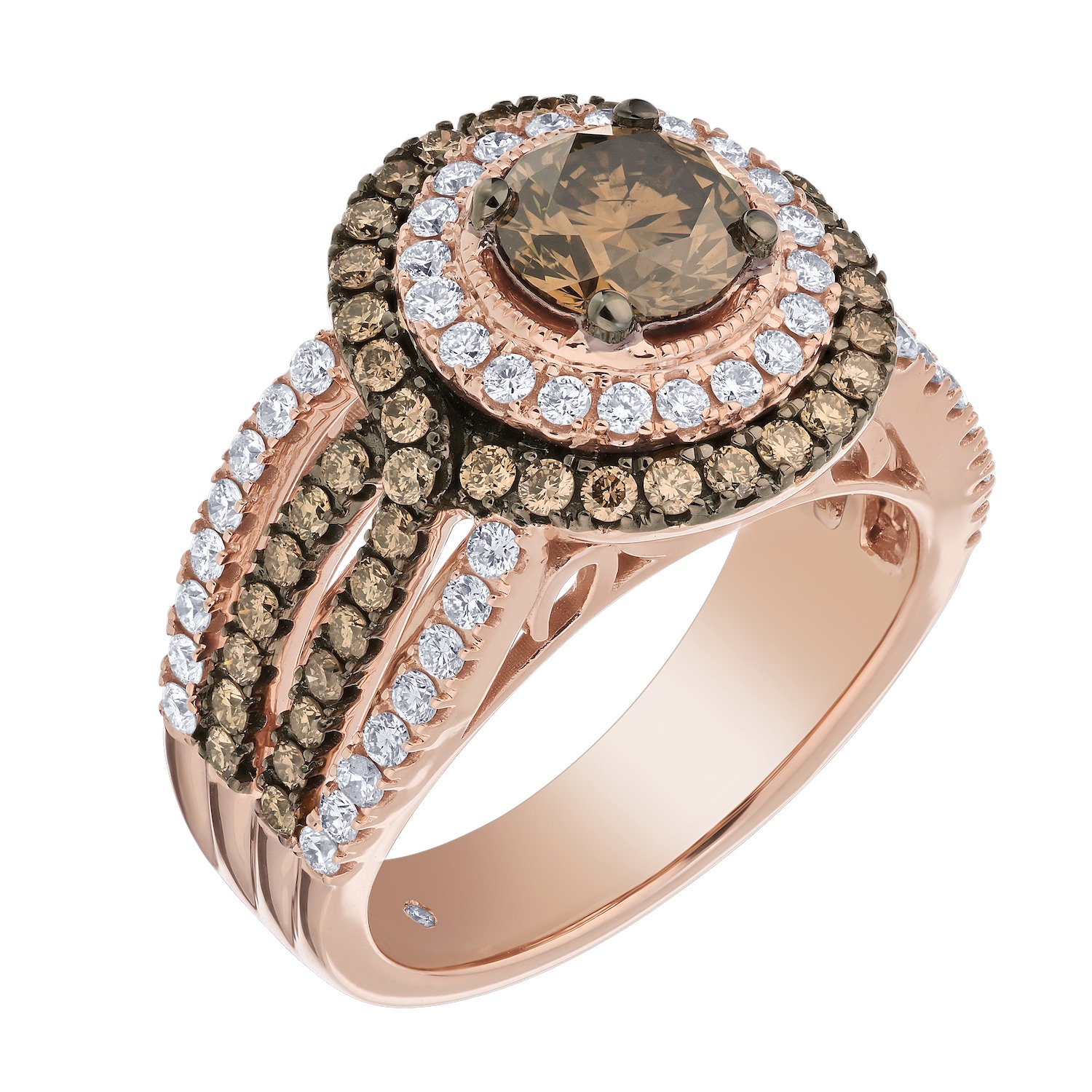 Cinnamon Dulce&trade; 14k Round Cognac Center Cognac & White Double Halo Wide Pave Shank Diamond & Cognac 2.50 Ctw