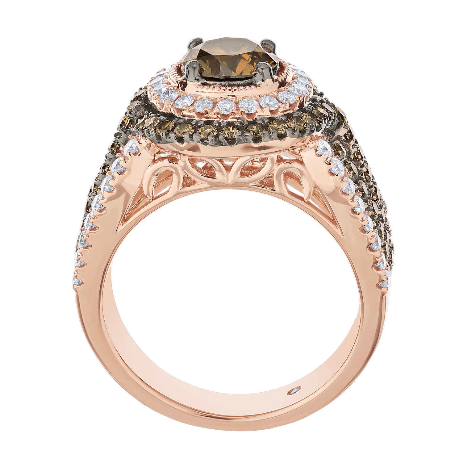 Cinnamon Dulce&trade; 14k Round Cognac Center Cognac & White Double Halo Wide Pave Shank Diamond & Cognac 2.50 Ctw