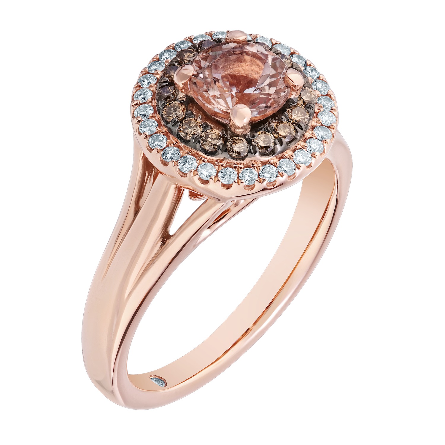 Peach Blossom&trade; Rose Gold Round Halo with Cognac & White Diamonds Split Shank Ring Diamond 1.234 Ctw