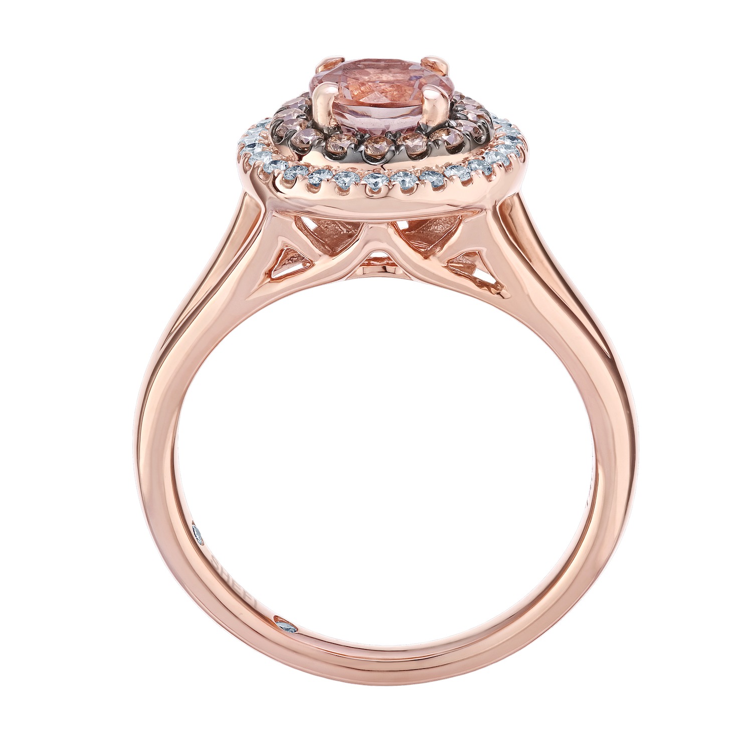 Peach Blossom&trade; Rose Gold Round Halo with Cognac & White Diamonds Split Shank Ring Diamond 1.234 Ctw