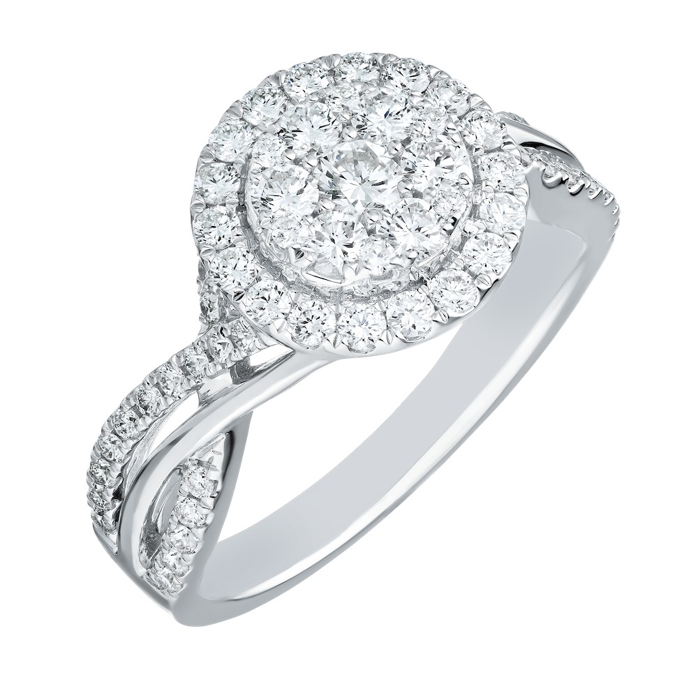 Eternal Fire&trade; 14kw White Gold Round Shape Cluster Center Halo Crossover Shoulders Diamond 1.00 Ctw