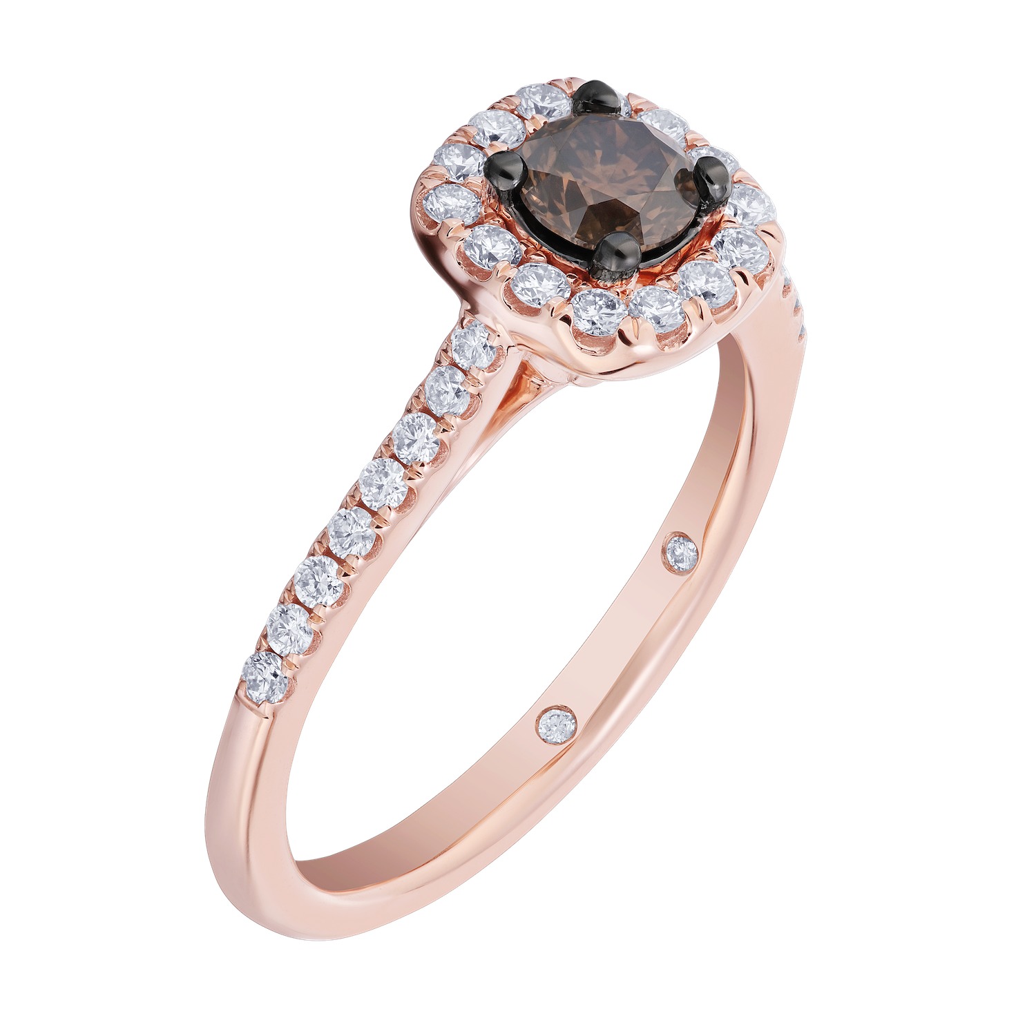 Cinnamon Dulce&trade; 14K Rose Gold Cognac Center Cushion Simple Halo Pave Shoulders Diamond & Cognac 0.745 Ctw