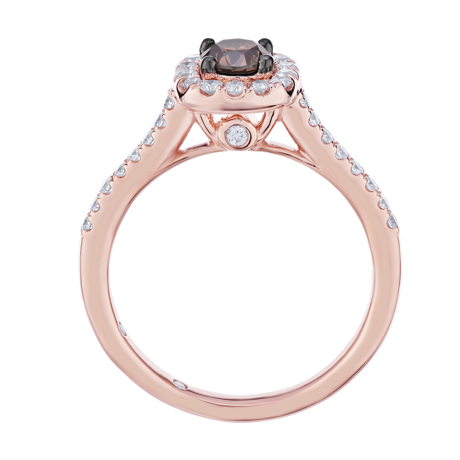 Cinnamon Dulce&trade; 14K Rose Gold Cognac Center Cushion Simple Halo Pave Shoulders Diamond & Cognac 0.745 Ctw