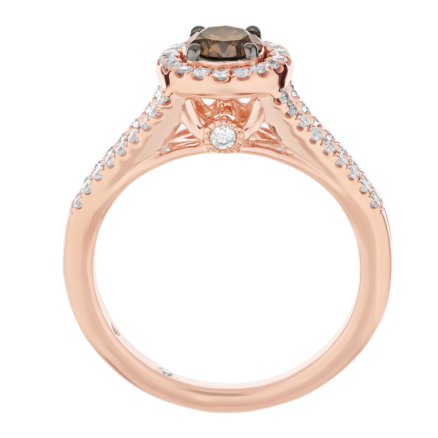 Cinnamon Dulce&trade; 14K Rose Gold Round Cognac Center White Halo Split Shank Diamond & Cognac 0.875 Ctw