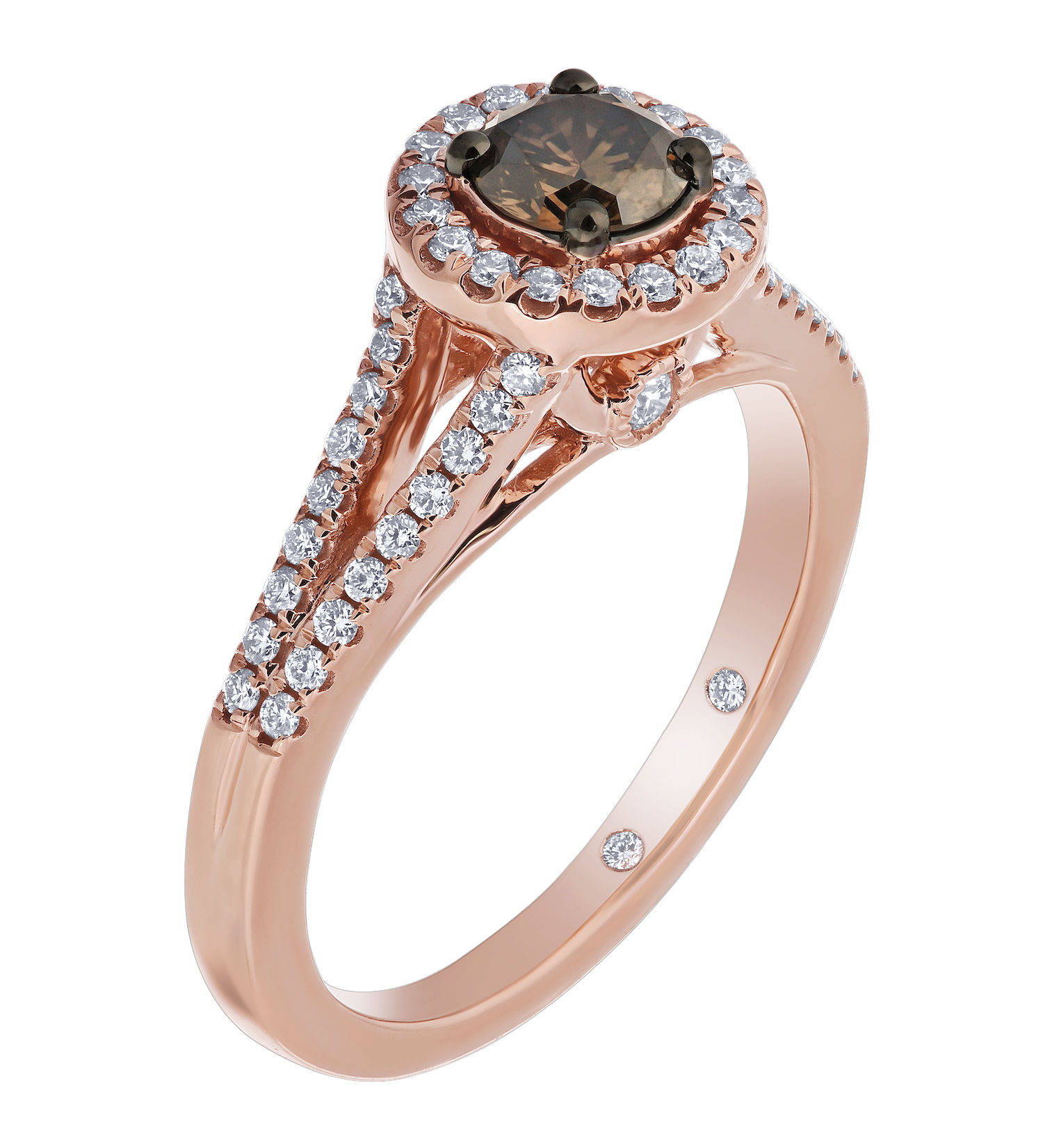 Cinnamon Dulce&trade; 14K Rose Gold Round Cognac Center White Halo Split Shank Diamond & Cognac 0.875 Ctw
