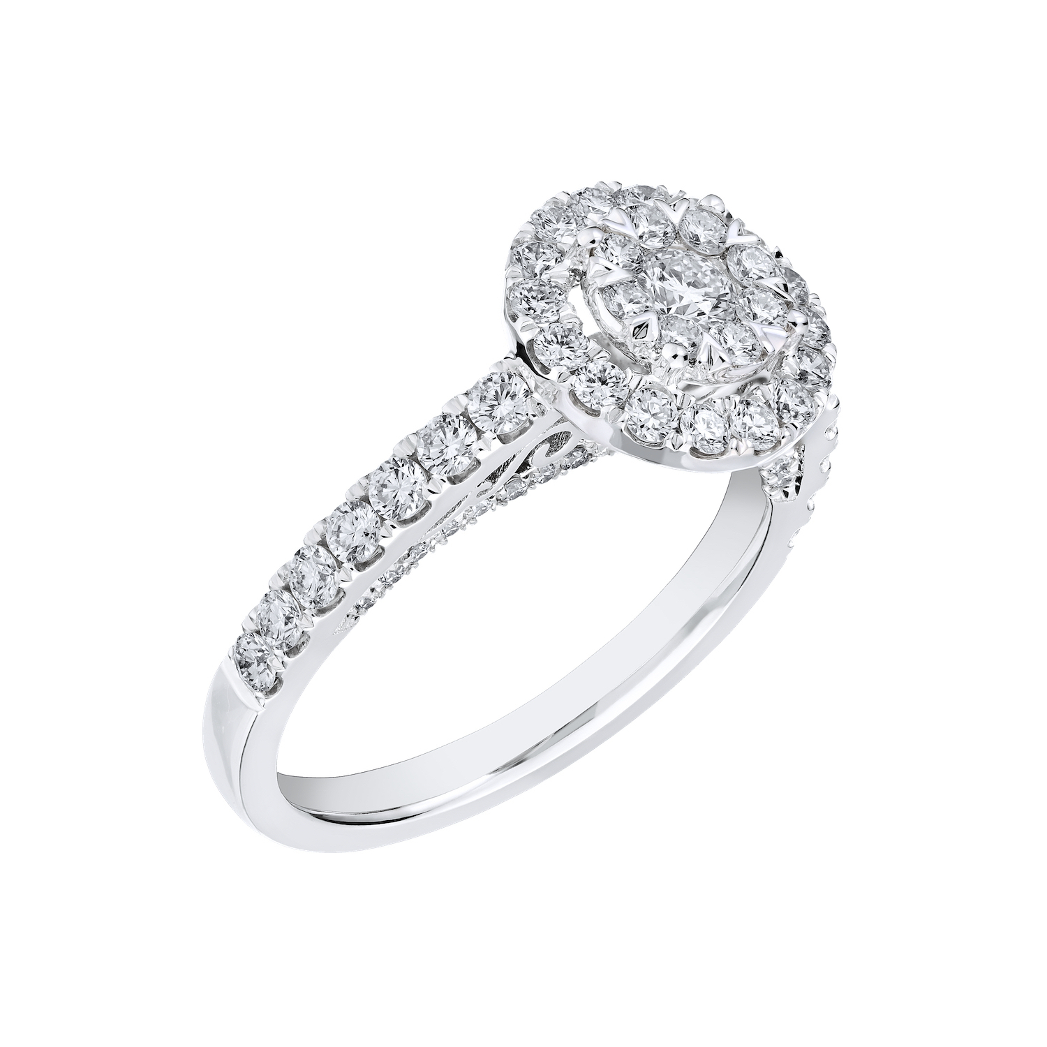 Eternal Fire&trade; 14kw White Gold Round Shape Cluster Halo Shared Prong Shoulders Diamond 1.00 Ctw