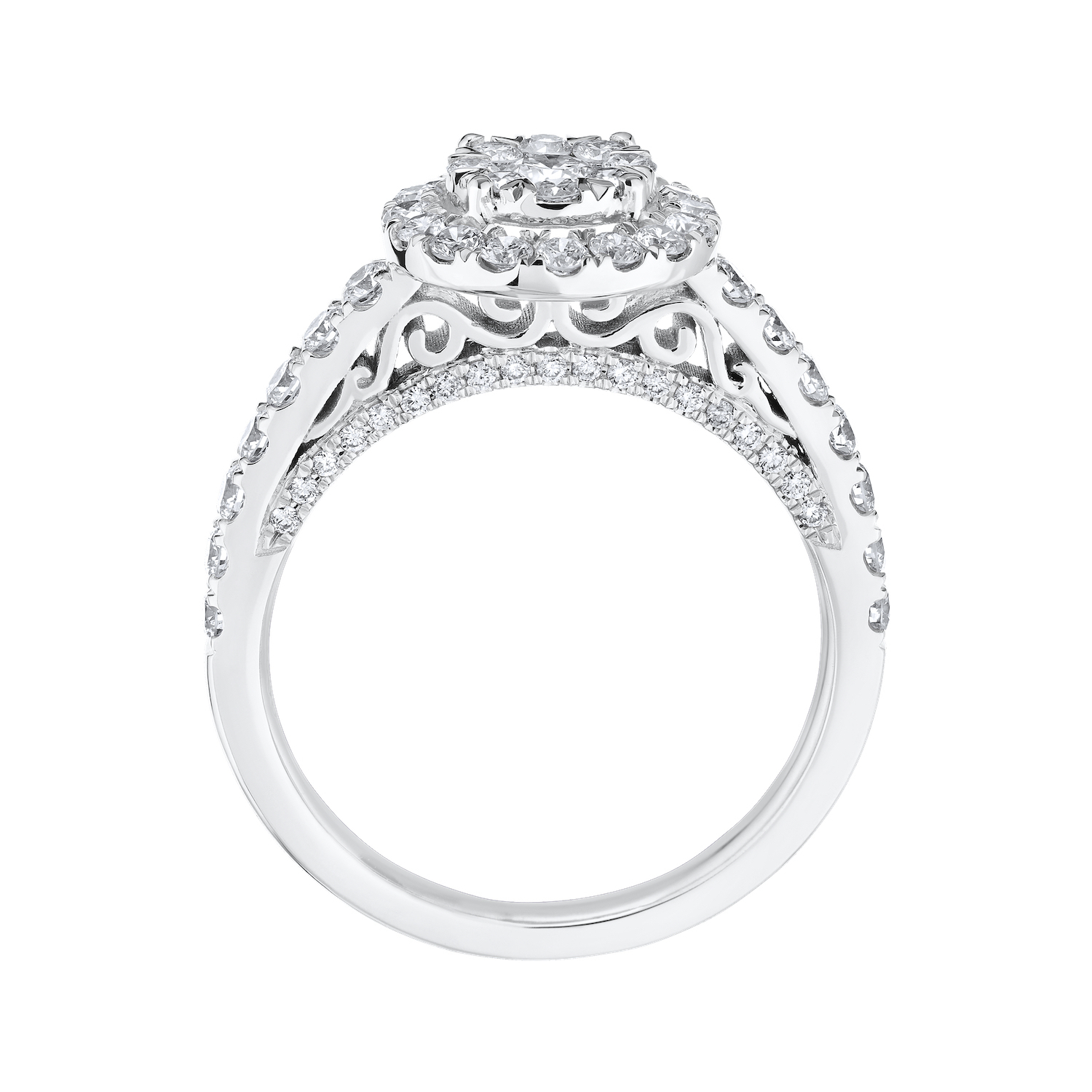 Eternal Fire&trade; 14kw White Gold Round Shape Cluster Halo Shared Prong Shoulders Diamond 1.00 Ctw