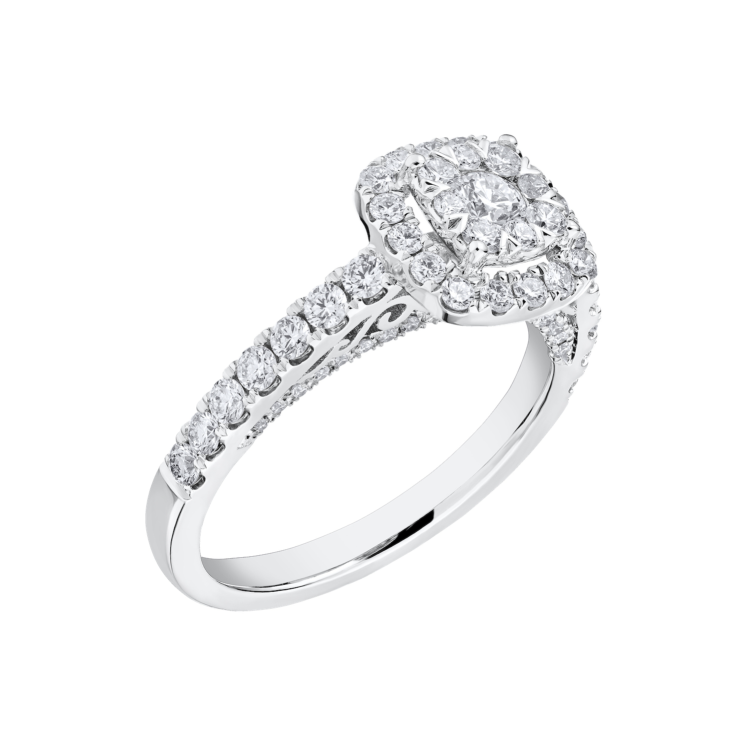 Eternal Fire&trade; 14kw White Gold Cushion Shape Cluster Halo Shared Prong Shoulders Diamond 1.00 Ctw