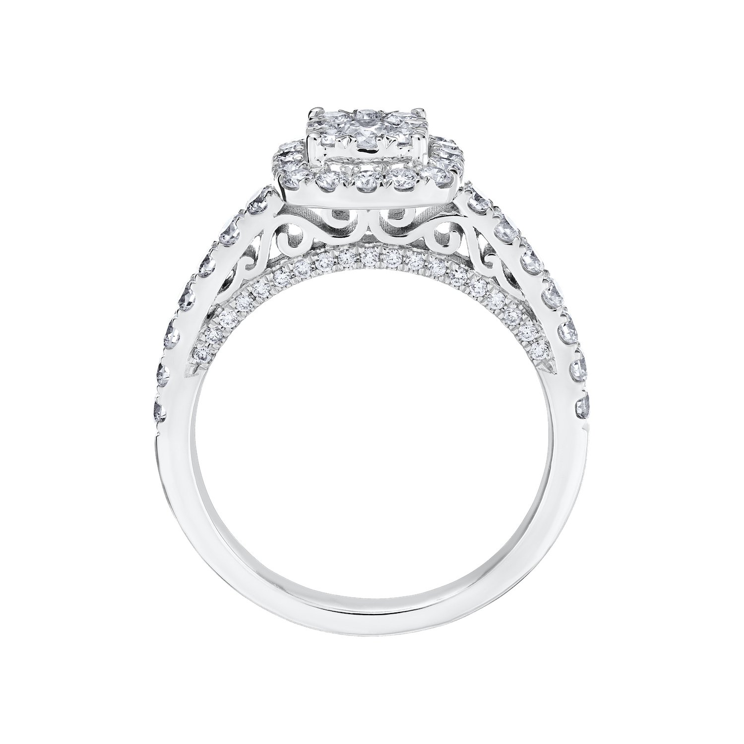 Eternal Fire&trade; 14kw White Gold Cushion Shape Cluster Halo Shared Prong Shoulders Diamond 1.00 Ctw