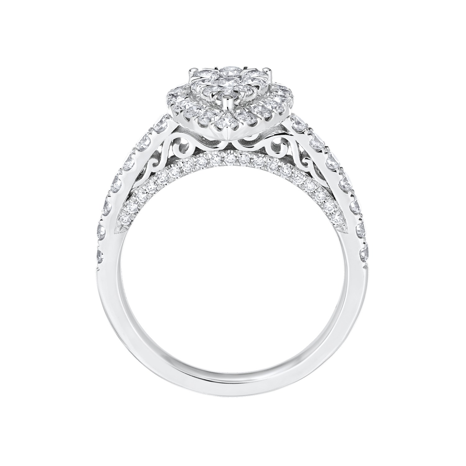 Eternal Fire&trade; 14kw White Gold Pear-Shape Cluster Halo Shared Prong Shoulders Diamond 1.00 Ctw