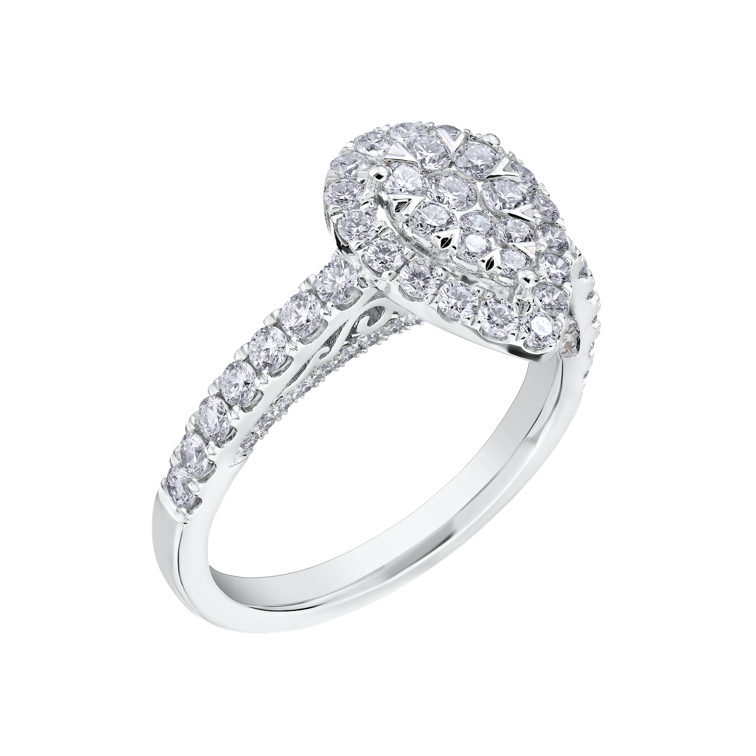 Eternal Fire&trade; 14kw White Gold Pear-Shape Cluster Halo Shared Prong Shoulders Diamond 1.00 Ctw