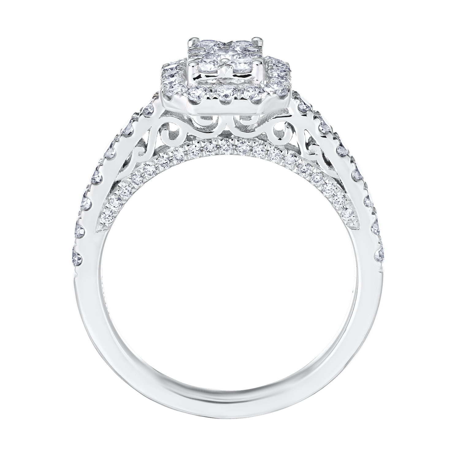Eternal Fire&trade; 14kw White Gold Emerald Shape Cluster Halo Shared Prong Shoulders Diamond 0.90 Ctw