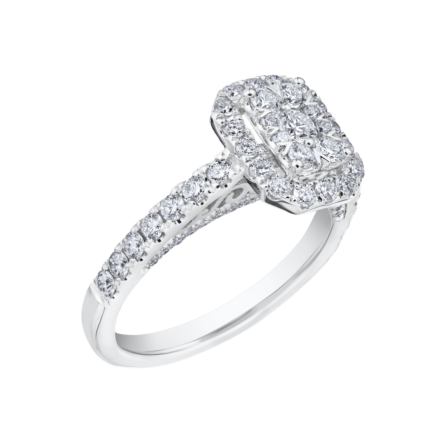 Eternal Fire&trade; 14kw White Gold Emerald Shape Cluster Halo Shared Prong Shoulders Diamond 0.90 Ctw