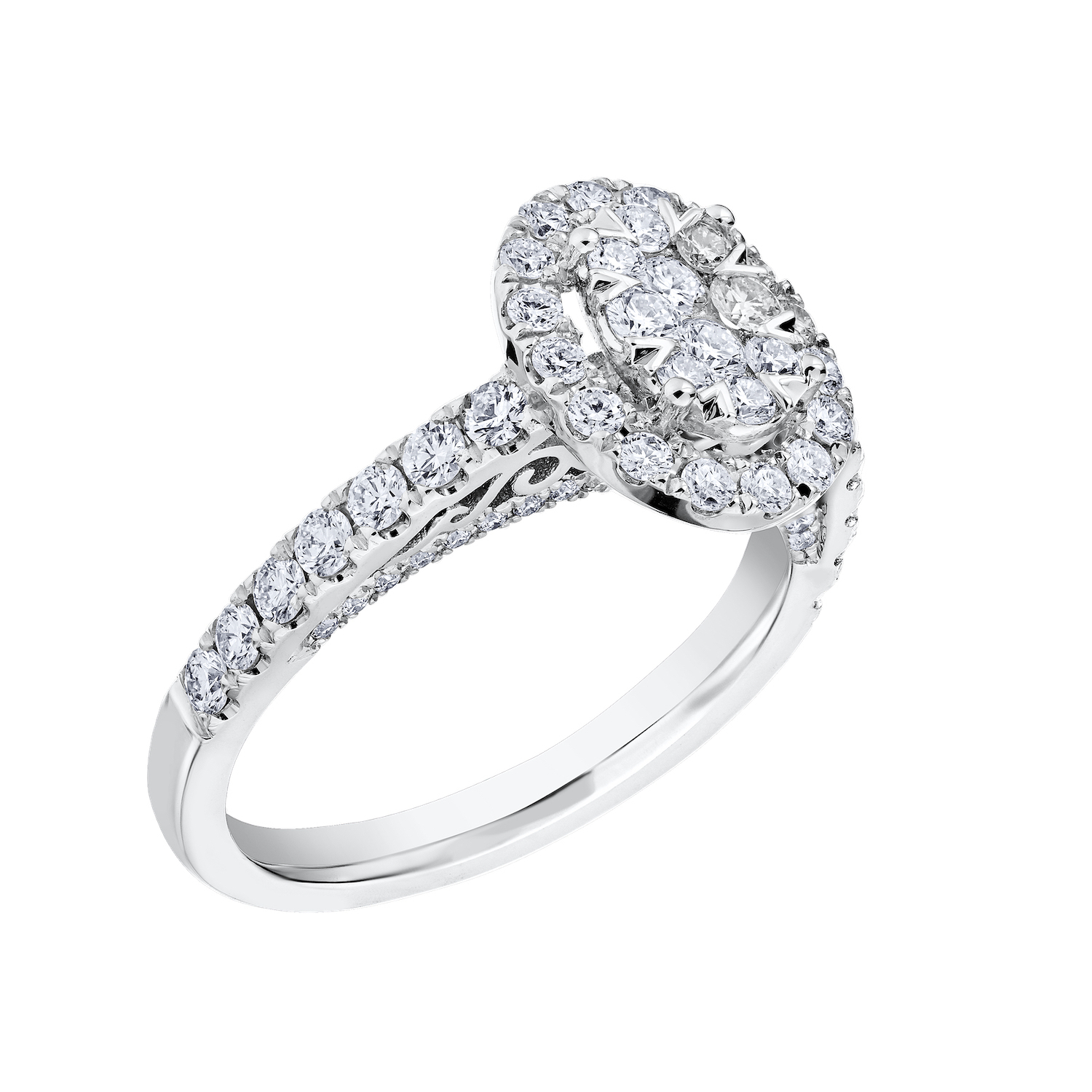 Eternal Fire&trade; 14kw White Gold Oval Shape Cluster Halo Shared Prong Shoulders Diamond 0.90 Ctw
