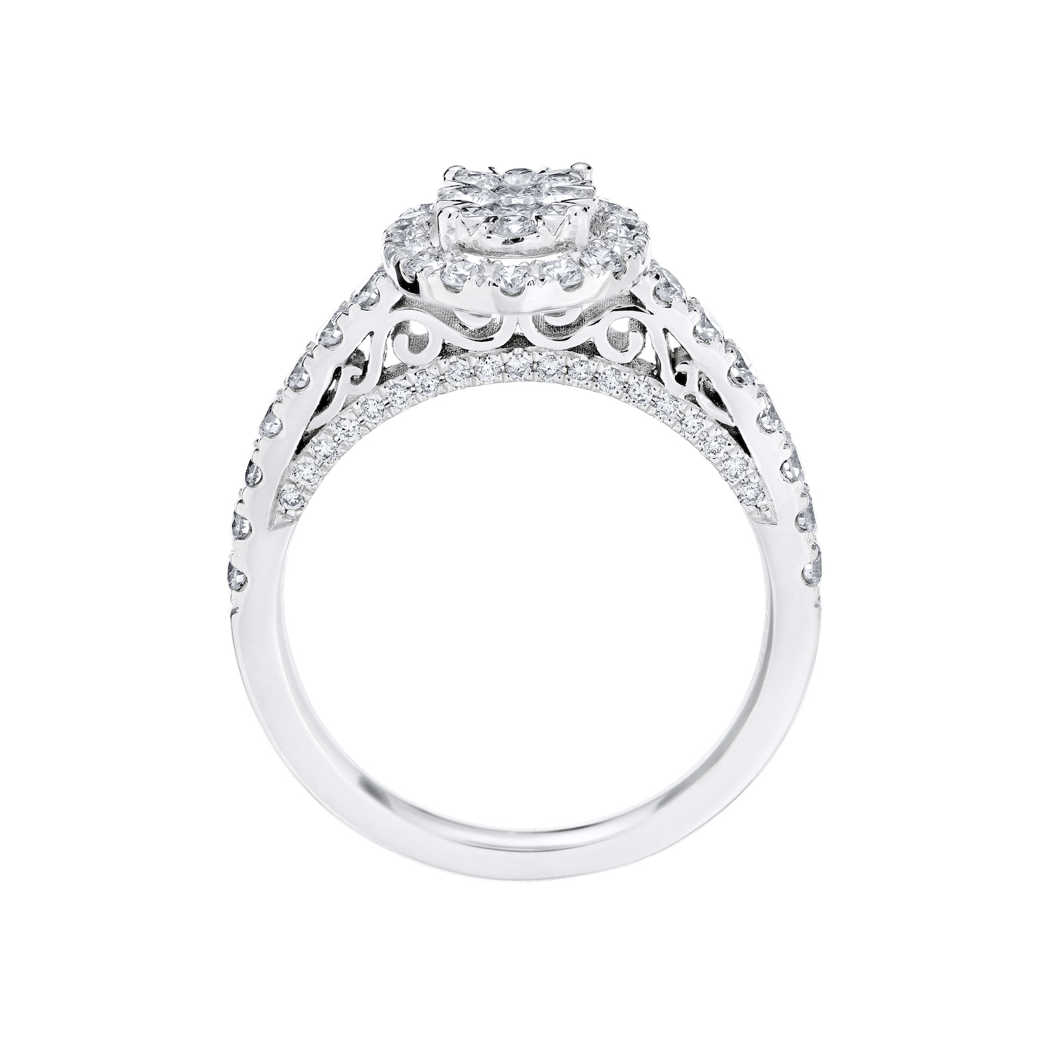 Eternal Fire&trade; 14kw White Gold Oval Shape Cluster Halo Shared Prong Shoulders Diamond 0.90 Ctw