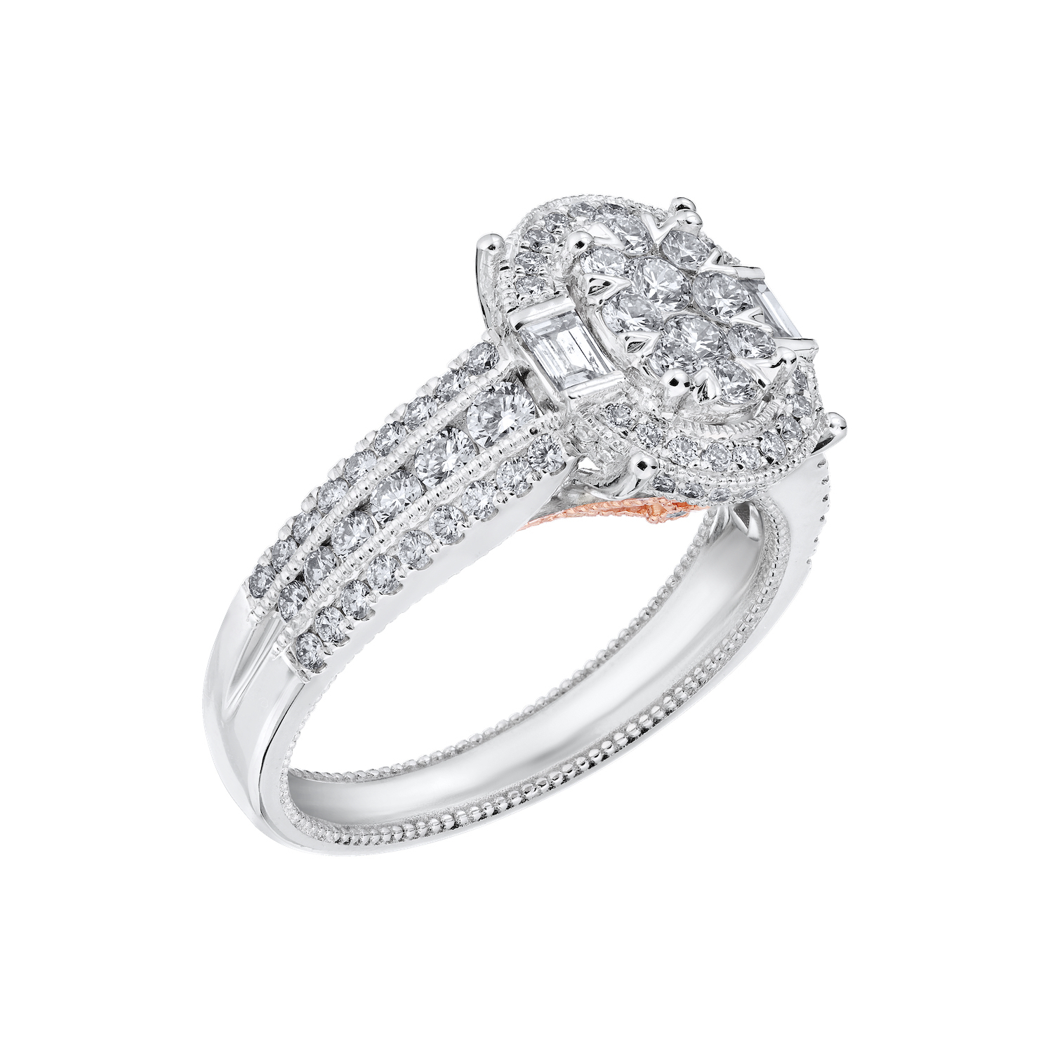 Eternal Fire&trade; 14kw White Gold Oval Shape Cluster Halo Baguettes on the Side 3 Row Shoulders Diamond 0.90 Ctw