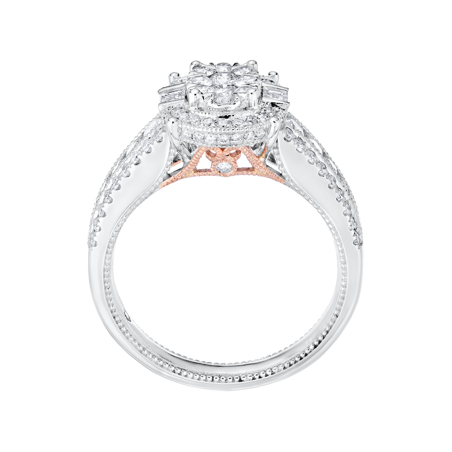 Eternal Fire&trade; 14kw White Gold Oval Shape Cluster Halo Baguettes on the Side 3 Row Shoulders Diamond 0.90 Ctw