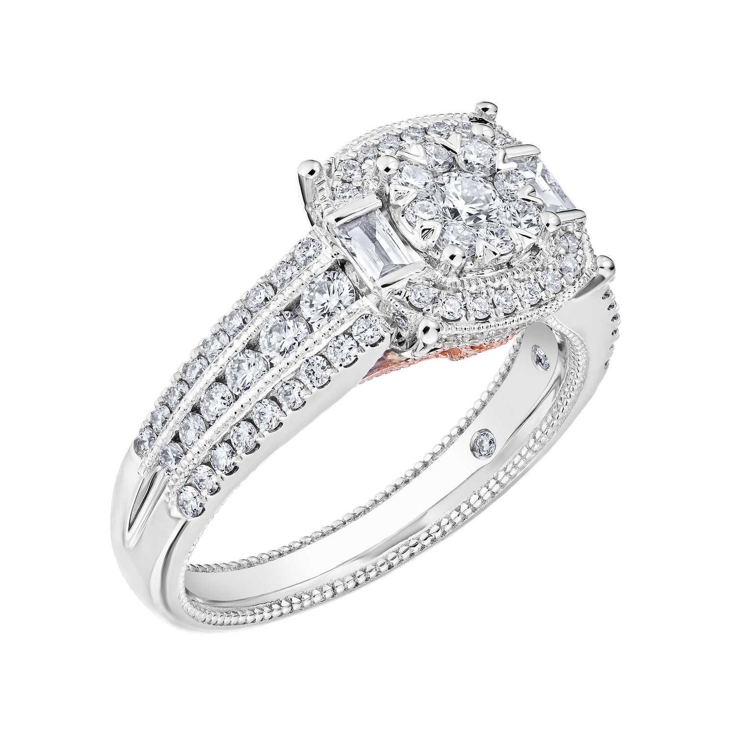 Eternal Fire&trade; 14k Two Tone Gold Cushion Shape Cluster Halo Baguettes on the Side 3 Row Shoulders Diamond 0.90 Ctw