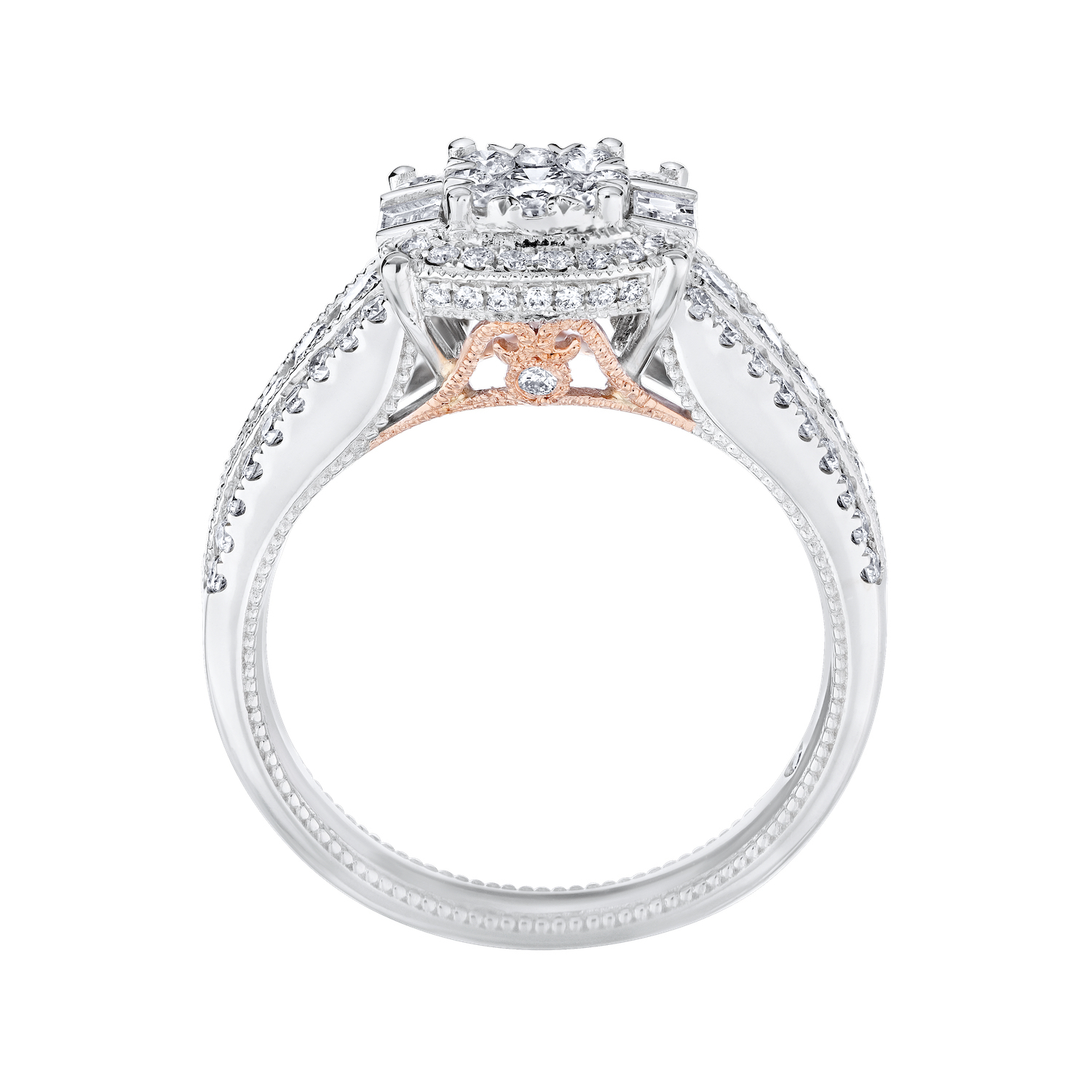 Eternal Fire&trade; 14k Two Tone Gold Cushion Shape Cluster Halo Baguettes on the Side 3 Row Shoulders Diamond 0.90 Ctw