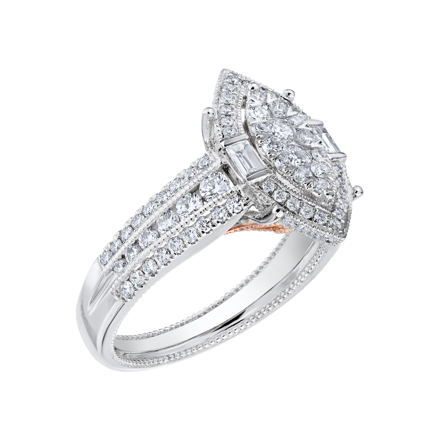 Eternal Fire&trade; 14k Two Tone Gold Marquise Shape Cluster Halo Baguettes on the Side 3 Row Shoulders Diamond 0.90 Ctw