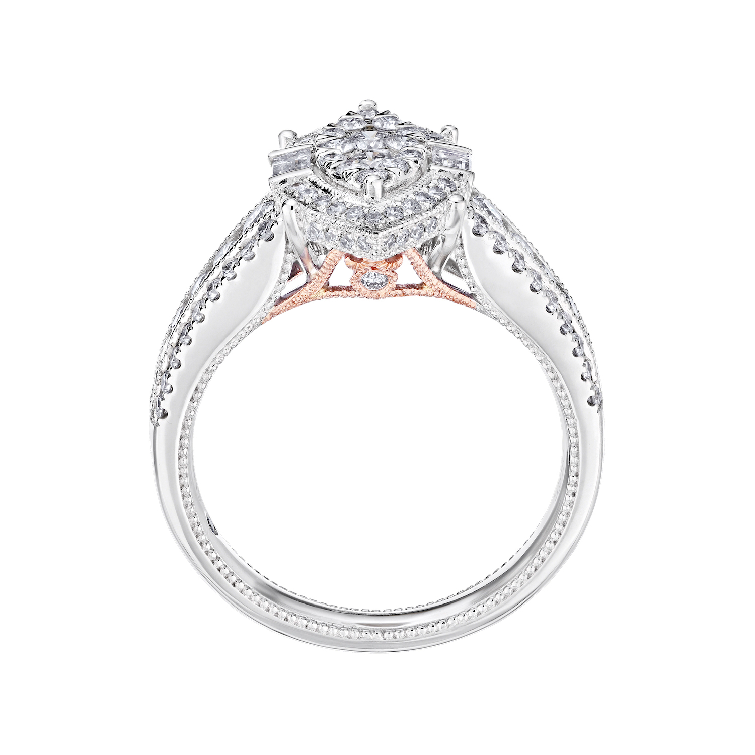 Eternal Fire&trade; 14k Two Tone Gold Marquise Shape Cluster Halo Baguettes on the Side 3 Row Shoulders Diamond 0.90 Ctw