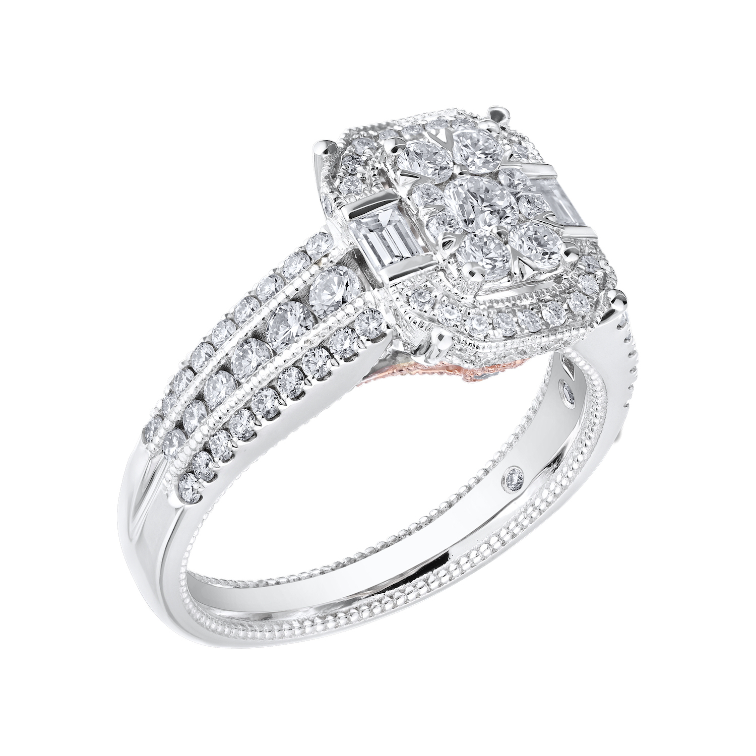 Eternal Fire&trade; 14k Two Tone Gold Emerald Shape Cluster Halo Baguettes on the Side 3 Row Shoulders Diamond 0.90 Ctw