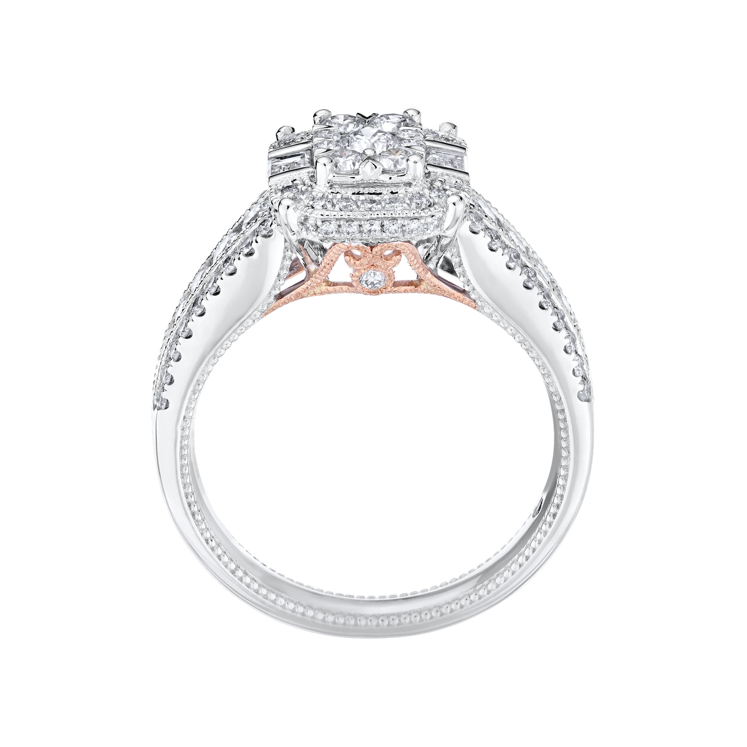 Eternal Fire&trade; 14k Two Tone Gold Emerald Shape Cluster Halo Baguettes on the Side 3 Row Shoulders Diamond 0.90 Ctw